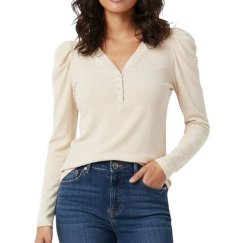 Design 365 Puff Sleeve Henley Knit Top Beige Cream NWT Womens XL‎